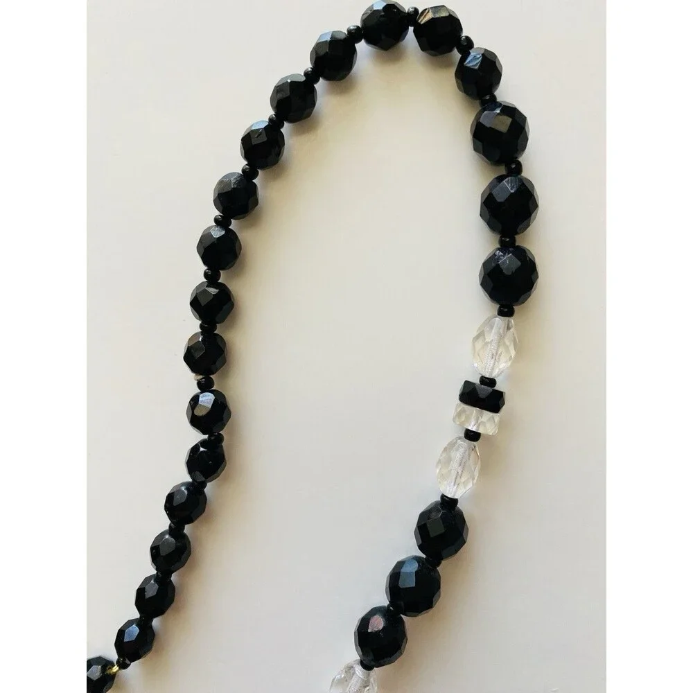 VTG  Estate French Jet & Cut Glass Bead Necklace 30 Inch Black & Clear Faceted